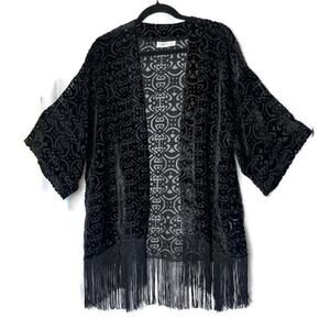 CATO Women's Black Velvet Burnout Fringed Kimono Cardigan Size 14/16W Boho Artsy